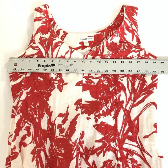 Coldwater Creek Dress Women 12 White Red Floral 100% Linen Pleated Beach Coastal - Picture 6 of 8